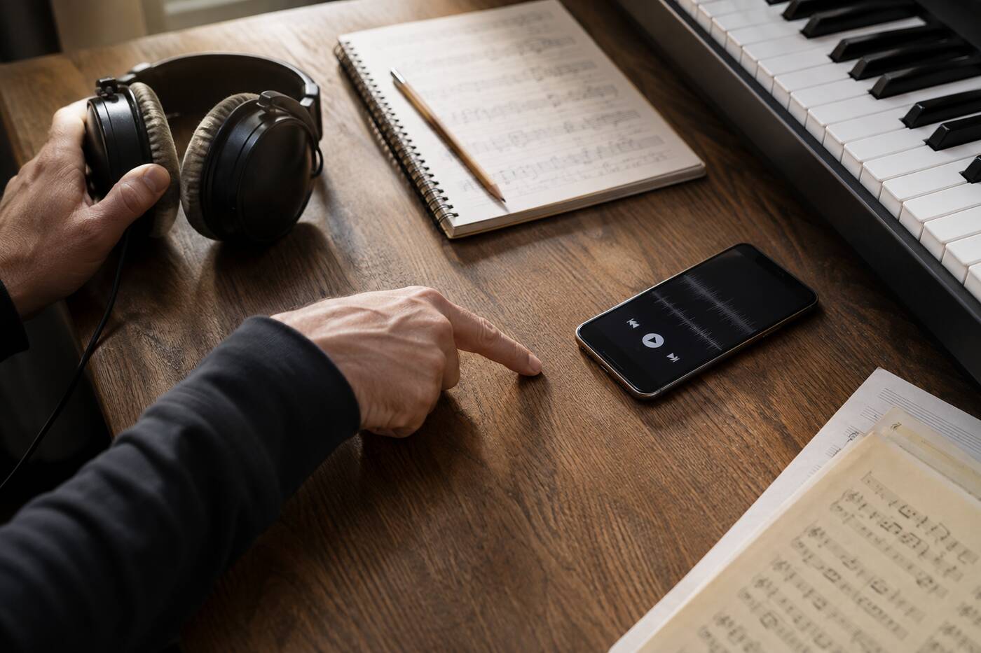 Musician tapping the pulse of a recorded song beside a phone, headphones, sheet music, and piano