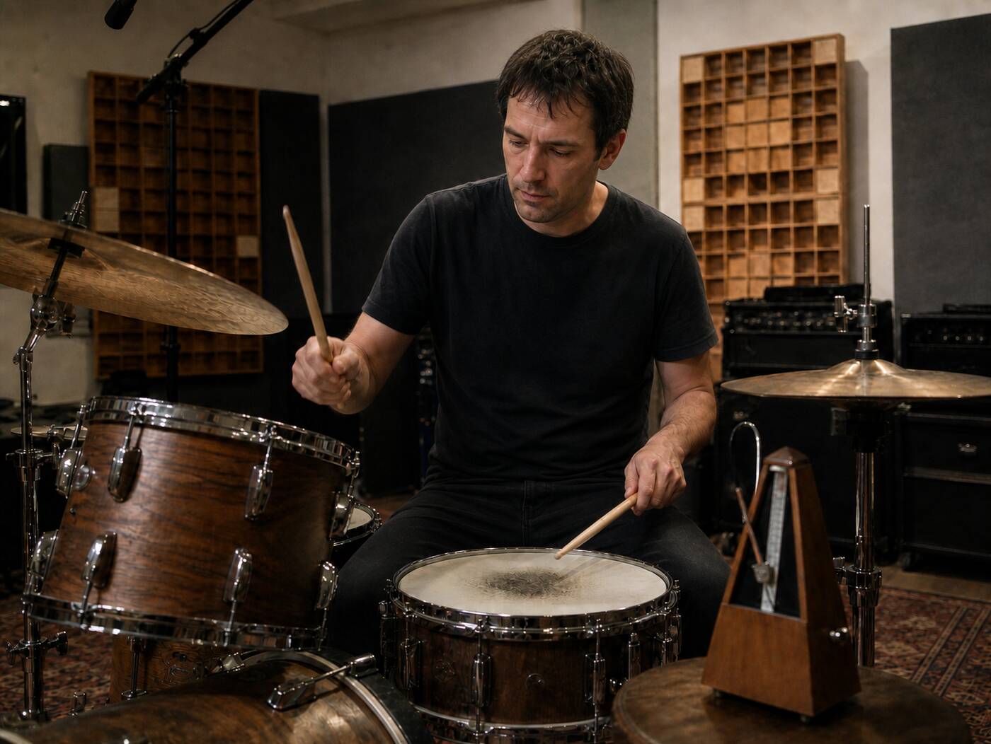 Drummer playing a snare drum with a pendulum metronome beside the kit