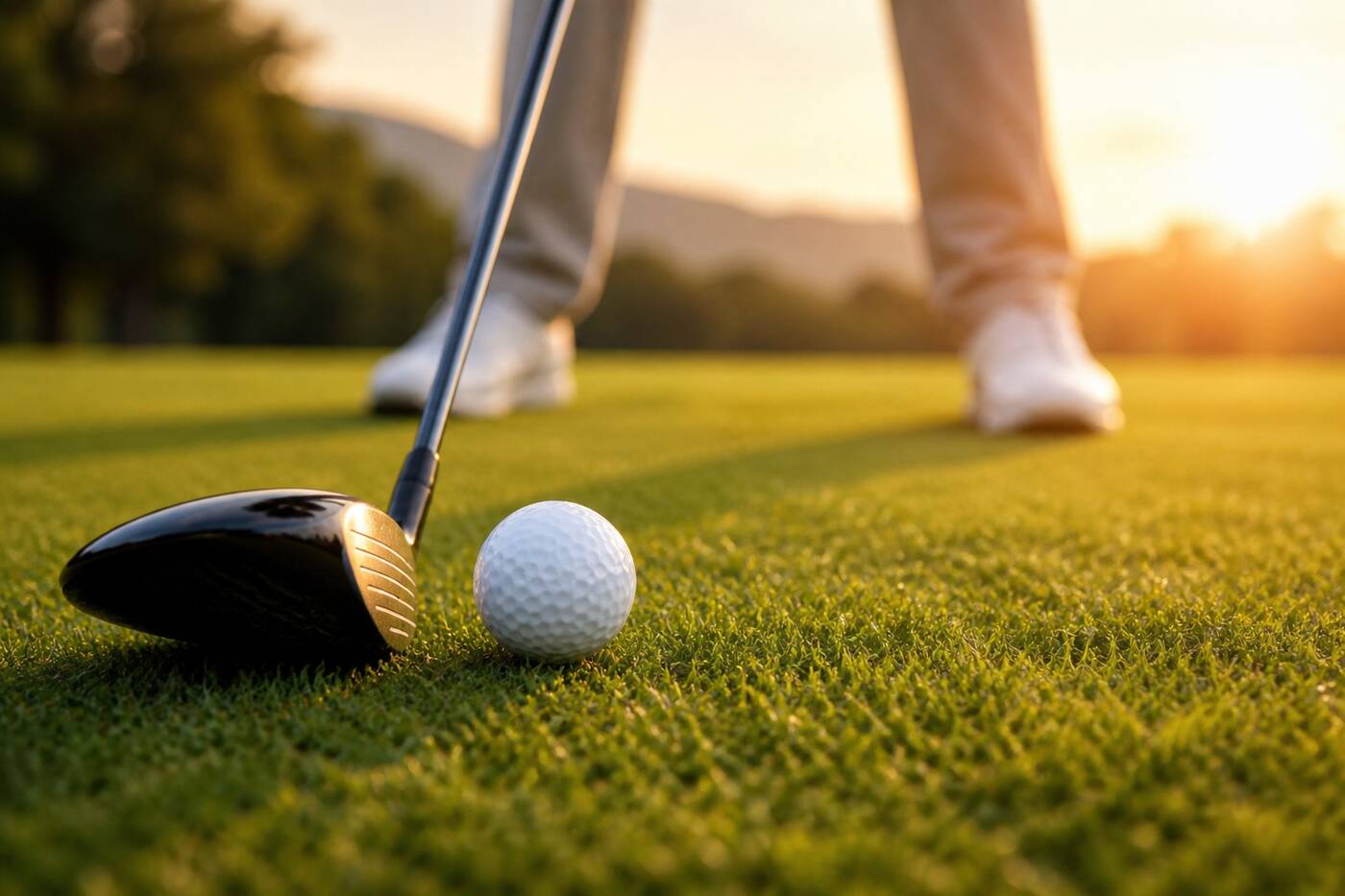 Golf club and ball at address position on a sunlit fairway