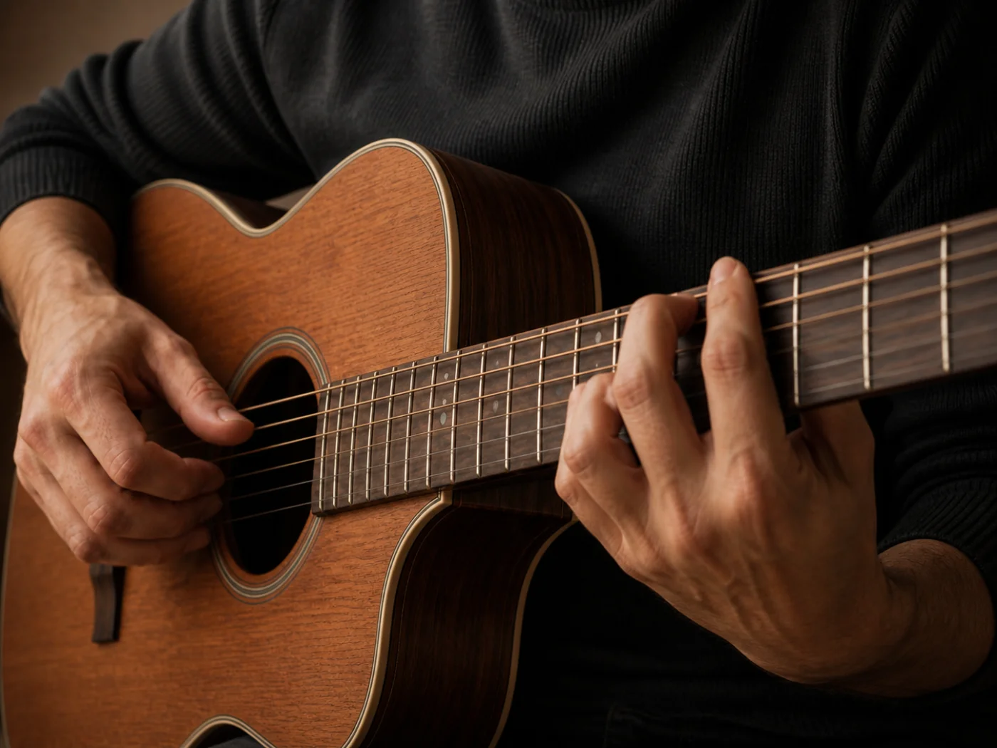 Hands playing a chord on an acoustic guitar
