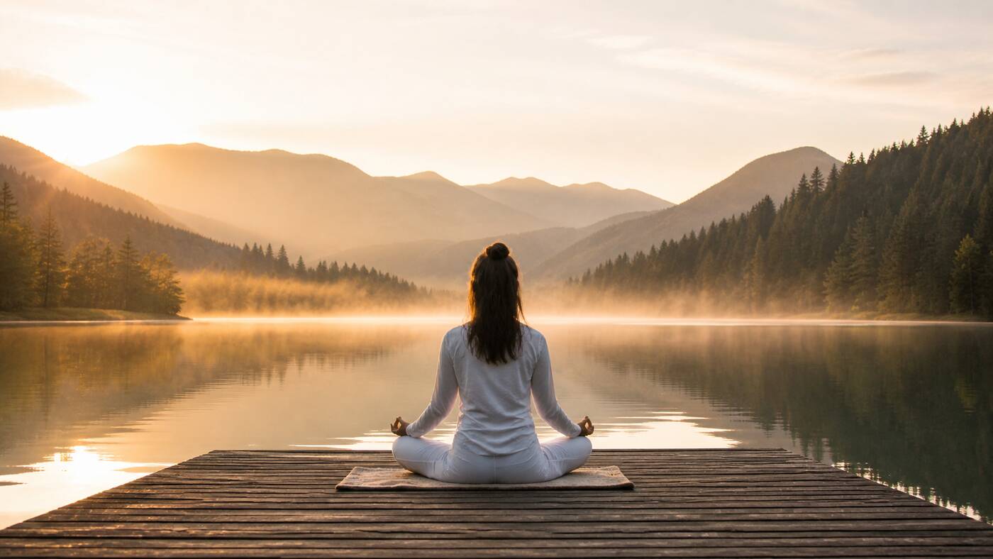 Person meditating in lotus position on a dock at sunrise over a misty mountain lake