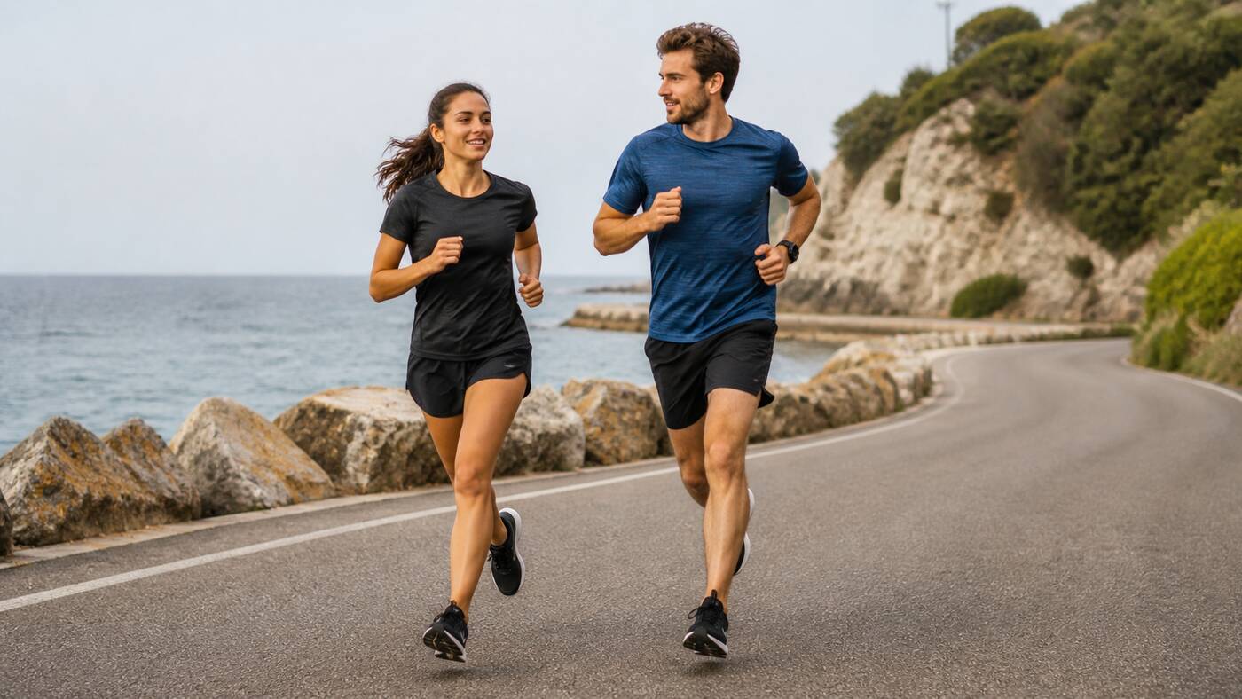 Two runners on a coastal road training cadence with a metronome