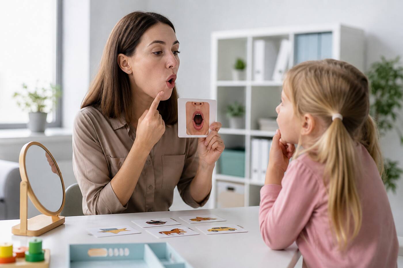 Speech therapist showing articulation card to a young child during a session