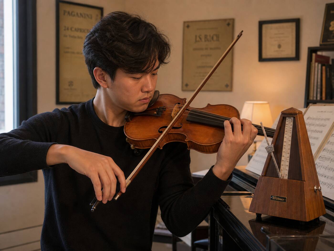 Violinist practicing with a Wittner pendulum metronome on the desk