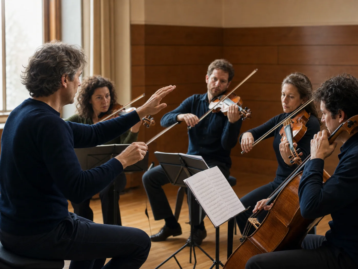 Conductor guiding a string quartet through a gradual ritardando during rehearsal